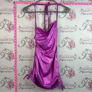 No vacancy dress, shiny metallic Shimmery Fuchsia Halter Ruched Mini lace up
